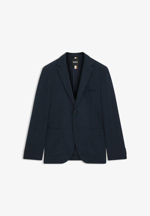Blazer blu navy con motivo spina di pesce testurizzato, chiusura con un solo bottone, rever a lancia e due tasche frontali. Interno foderato.