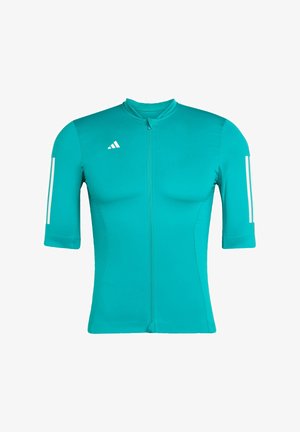 Turkosa sporttröja med kort ärm och dragkedja framtill, med tre vita ränder på ärmarna och en rund krage. Slät, lättviktsmaterial.