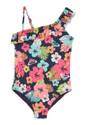 Meisjes badpak met één schouder, versierd met ruches en een tropische bloemenprint in roze, oranje, blauw, groen en wit op een marineblauwe achtergrond.