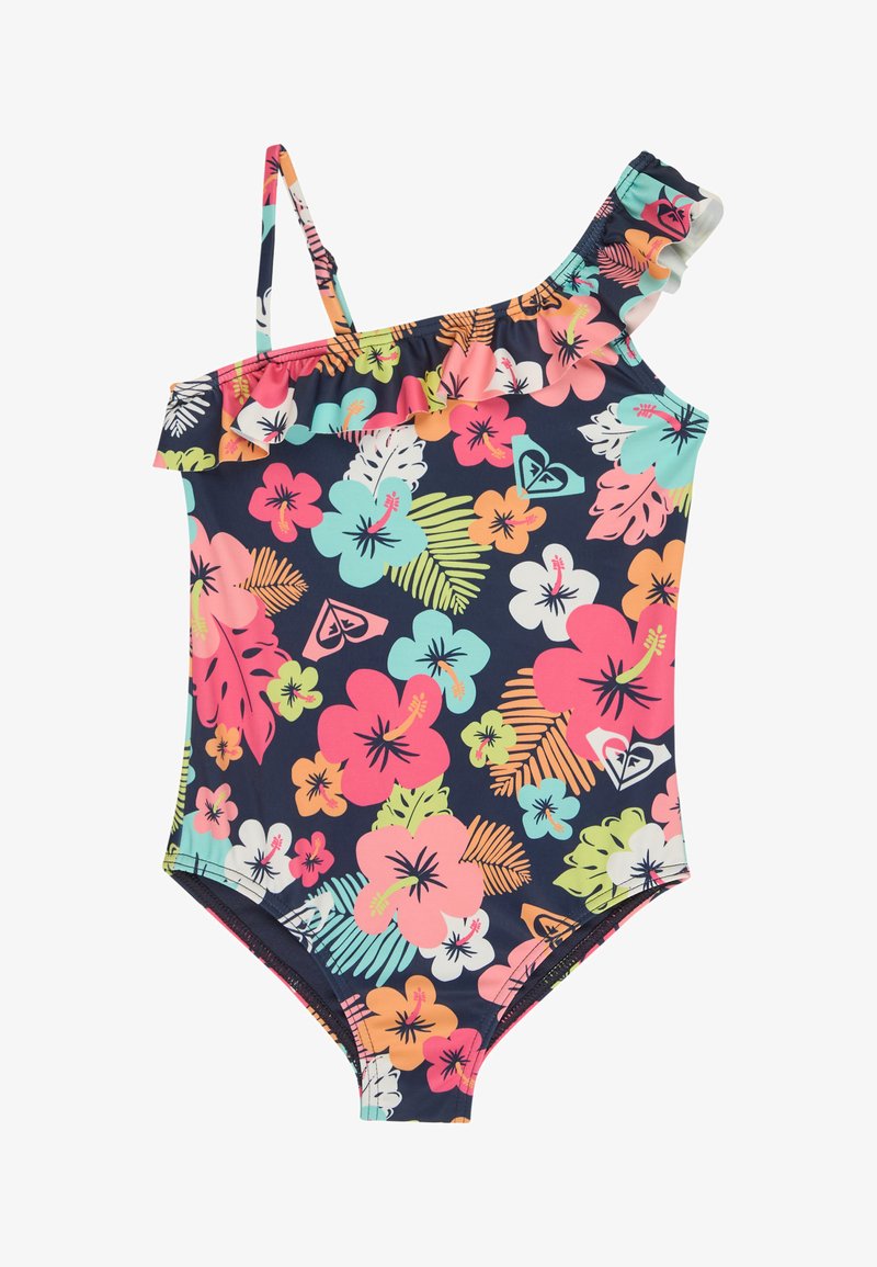 Maillot de bain une épaule pour filles avec volant et imprimé floral tropical en rose, orange, bleu, vert et blanc sur fond bleu marine.