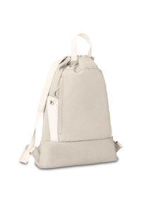 Zaino in tessuto beige con chiusura a coulisse, pannello laterale bianco e base imbottita. Presenta spallacci regolabili e una tasca con zip laterale.