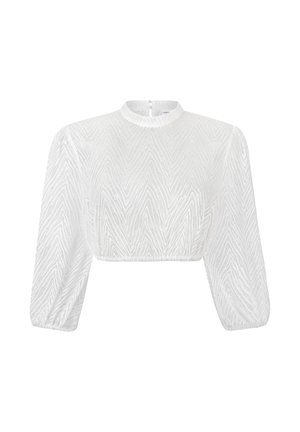 White semi-sheer cropped blouse with long puffed sleeves, high neckline, subtle chevron pattern, and elasticated cuffs and hem.