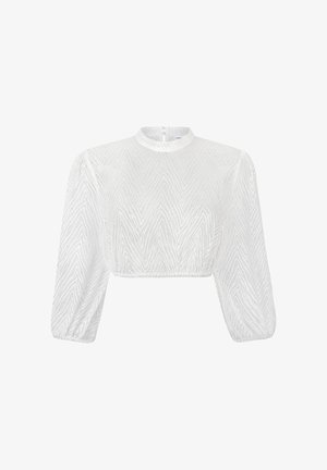 Weiße halbtransparente, kurze Bluse mit langen, aufgepufften Ärmeln, hohem Kragen, dezentem Chevronmuster und elastischen Bündchen sowie Saum.