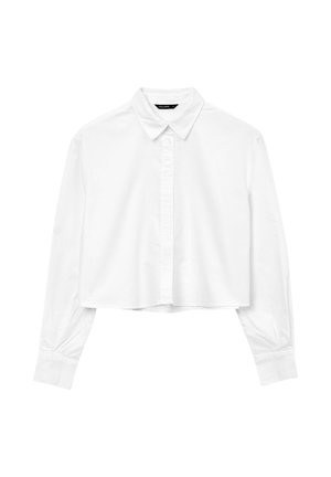 Weißes, verkürztes Hemd mit Knopfleiste, Kragen, langen Ärmeln und glattem Stoff. Es verfügt über einen Frontknopfverschluss und ein schlichtes Design.