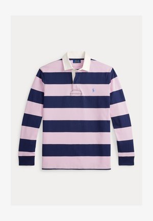Μακρυμάνικο πόλο πουκάμισο με φαρδιές οριζόντιες ρίγες σε ναυτικό μπλε και ανοιχτό ροζ. Λευκό γιακά, κέντημα με λογότυπο στο στήθος. Κατασκευή από βαμβάκι.