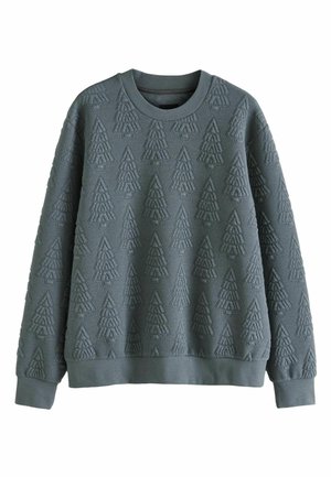 Gray sweatshirt with embossed tree patterns, crew neck, long sleeves, and ribbed cuffs and hem. Made of soft textured material.