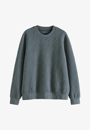 Hanorac gri cu model de copaci embosat, guler rotund, mâneci lungi și manșete și tiv cu bordură. Fabricat din material moale texturat.