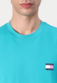 Türkio spalvos trumpomis rankovėmis marškinėliai, pagaminti iš medvilnės, su apvali iškirpte ir mažu tamsiai mėlynu, rožiniu bei baltu logotipo užsegimu ant krūtinės.
