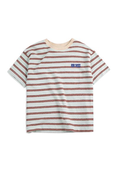 Short-sleeve toddler T-shirt with horizontal red stripes on white background and beige collar, featuring small blue "BOBO CHOSES" text on chest.