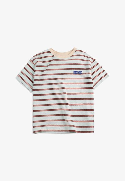 Short-sleeve toddler T-shirt with horizontal red stripes on white background and beige collar, featuring small blue "BOBO CHOSES" text on chest.