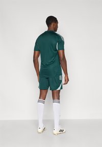 Vihreä urheilupaita ja shortsit valkoisilla yksityiskohdilla, kolme raitaa hihoissa ja shortseissa, yhdistettynä valkoisiin sukkiin ja nappulakenkiin.