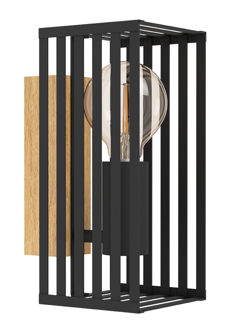 Schwarze Metallwandleuchte mit vertikalen Lamellen, einer Holzrückplatte und freiliegendem Glühbirnendesign. Sie zeichnet sich durch eine rechteckige Form und ein elegantes Finish aus.