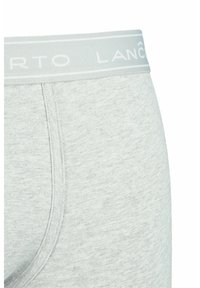Szare bawełniane bokserki z miękkim paskiem w talii, na którym w białym kolorze widnieje napis "ALBERTO LANÇON". Materiał ma delikatną teksturę.