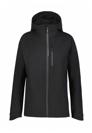 Veste imperméable noire avec capuche, fermeture éclair à l'avant et une poche poitrine. Présente une texture lisse et un design minimaliste.