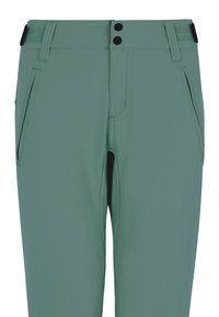 Pantalon vert avec fermeture à double bouton noir, passants pour ceinture, poches latérales zippées et sangles latérales réglables à la taille.