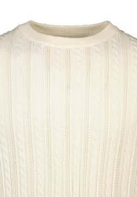 Maglione color crema con lavorazione a coste, caratterizzato da motivi testurizzati verticali e un collo a girocollo a coste. Realizzato in tessuto morbido e leggero.