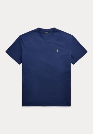 Granatowy T-shirt z krótkim rękawem i dekoltem w serek, z małym kremowym haftowanym logo gracza polo na lewej piersi.