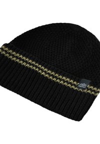 Zwarte gebreide muts met een ribbelstructuur, voorzien van een bruine en gouden gestreepte band. Inclusief een klein zwart label met een logo aan de zijkant.