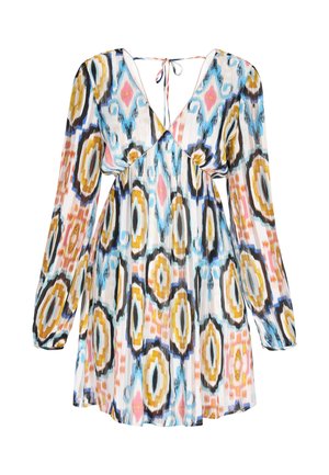 Mustriga kleit, millel on sügav V-kaelus, pikad varrukad ja seotav tagaosa. Kanga materjal on kerge ning sellel on mitmevärviline abstraktne trükk.