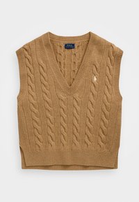 Beige, hihaton neulottu liivi, jossa on kapea palmikkokuvio, V-muotoinen pääntie, resorireunus ja pieni kirjailtu logo rinnassa. Pehmeä tekstuuri.