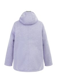 Lawendowa kurtka z kapturem o miękkiej fakturze, z zaokrąglonym dołem i długimi rękawami. Tył charakteryzuje się gładkim designem z minimalną ilością szwów.