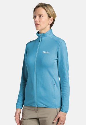 Hellblaue, zip-up Jacke mit einem strukturierten Muster. Verfügt über einen hohen Kragen und seitliche Taschen. Mit einem Logo auf der linken Brust versehen.