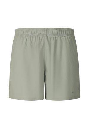 Hellgraue Shorts mit elastischem Bund, glatter Textur, geradem Schnitt und dezenten Steppnähten vor weißem Hintergrund.