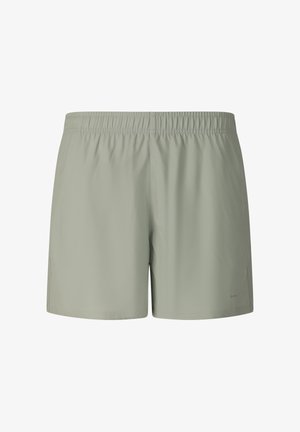 Hellgraue Shorts mit elastischem Bund, glatter Textur, geradem Schnitt und dezenten Steppnähten vor weißem Hintergrund.