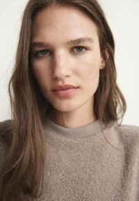 Lichtbruin fleece sweater met een gestructureerd oppervlak, ribbelkraag en lange mouwen. Model heeft lang haar en natuurlijke make-up.
