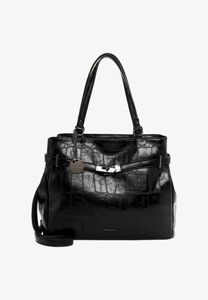 Must mustra nahkakäekott tekstureeritud krokodillimustriga, kahe käepidemega, eemaldatav õlarihm ja hõbedased detailid.