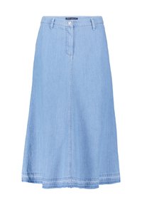 Lichtblauwe spijkerrok met uitlopende vorm, knoopsluiting aan de voorkant, twee zijzakken en gestikte zoomafwerking. Middel-lange lengte.