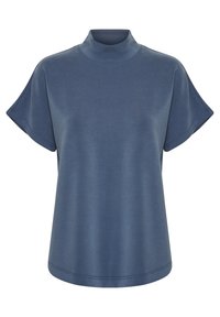 Kortärmad topp med hög krage i en dämpad blå färg. Tillverkad av mjukt tyg med en slät textur och subtil lyster. Har en avslappnad passform.