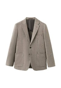 Šedé blazer se vzorem rybí kosti, s výřezovými klopami, dvěma předními kapsami, zapínáním na jeden knoflík a texturovanou tkaninou. Vnitřní podšívka je tmavá.