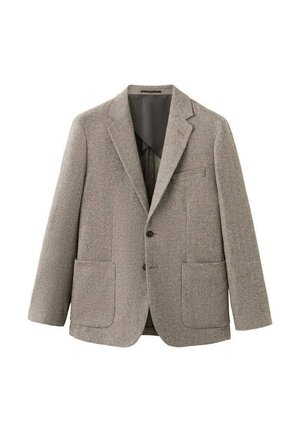 Šedé blazer se vzorem rybí kosti, s výřezovými klopami, dvěma předními kapsami, zapínáním na jeden knoflík a texturovanou tkaninou. Vnitřní podšívka je tmavá.