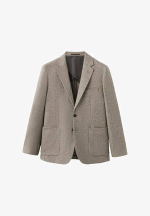 Szary marynarka w jodełkę z klapami z wcięciem, dwoma przednimi kieszeniami, zapięciem na jeden guzik oraz teksturowaną tkaniną. Podszewka wewnętrzna jest ciemna.