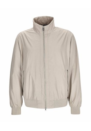 Light beige zip-up jacket with high collar, elastic cuffs, and two side zip pockets, shown on white background.