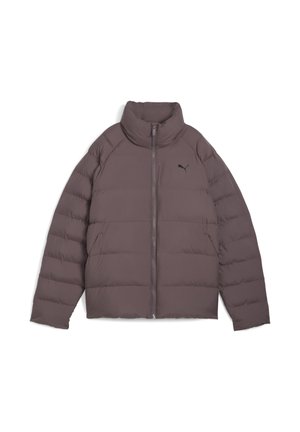 Veste rembourrée marron foncé avec col haut, fermeture éclair à l'avant, deux poches latérales et petit logo Puma sur la poitrine gauche.