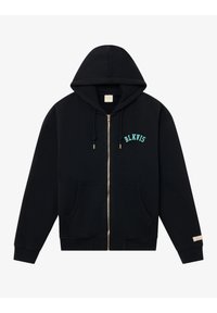 Sort zip-up hættejakke lavet af blødt stof, med en frontlomme, justerbar hætte, og turkise "BLKVIS" tekster broderet på brystet.