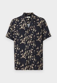 Short-sleeve shirt in dark navy fabric featuring a floral pattern in beige. Button front and relaxed fit. Textured material.