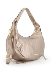 Metallic bronze shoulder bag with a braided handle, zip closure, and gold-tone hardware; smooth texture with a rounded shape.
