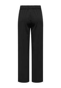 Mustad laiade säärtega püksid elastse vöökohaga, siledapinnalised, ilma nähtavate taskute või mustriteta. Sobivad vaba aja või lõõgastavaks kandmiseks.