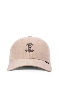 Beige corduroy baseball cap with a curved brim, featuring black embroidered logo of a coffee maker and "Lazy Sunday Coffee Club."