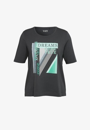 Dark gray short-sleeve shirt with abstract geometric design and text "Dreams come true, just believe" in green, black, and white on front.