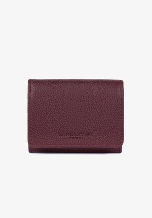 Burgundy leather wallet with a pebbled texture, fold-over design, and embossed brand logo. Compact size ideal for cards and cash.