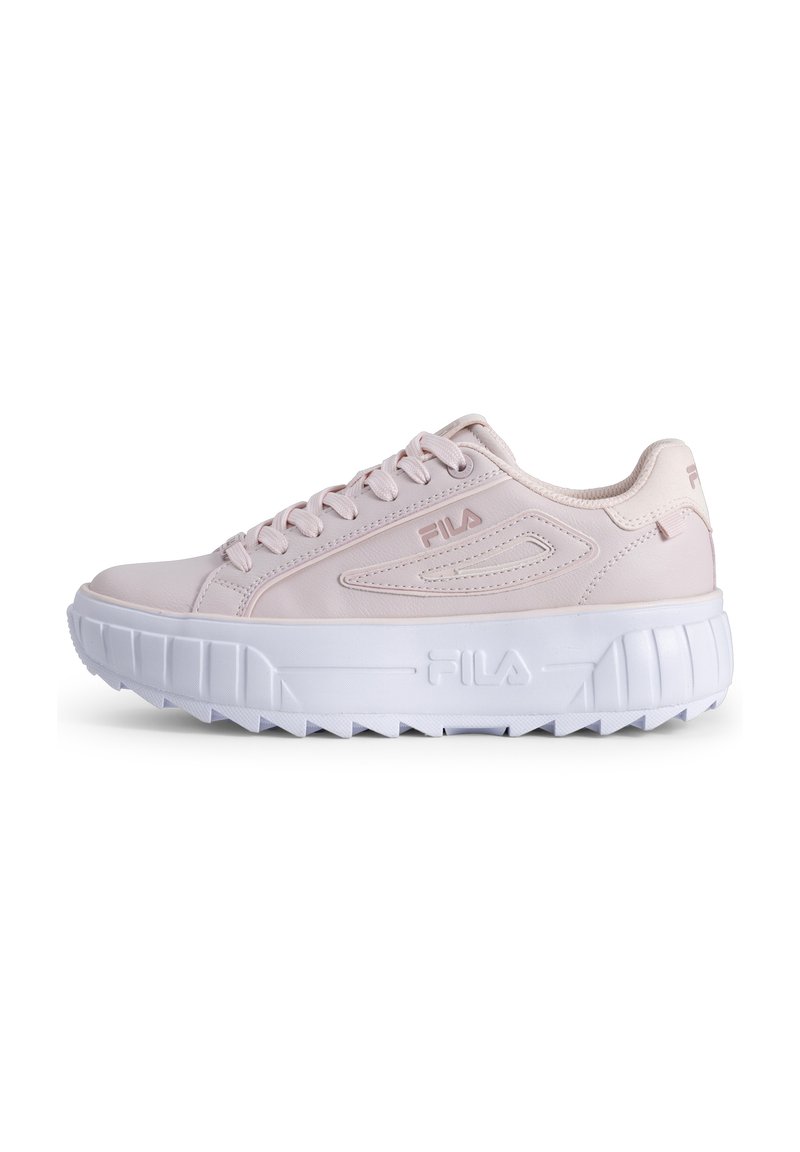 Light pink sneaker with a smooth synthetic material, round toe, thick white sole, and textured traction design. Features logo on the side.