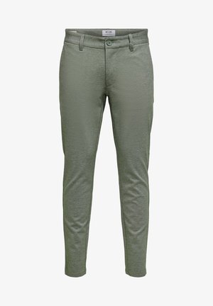Green slim-fit pants made of textured fabric. Features a button closure and belt loops, with a smooth finish and tailored design.