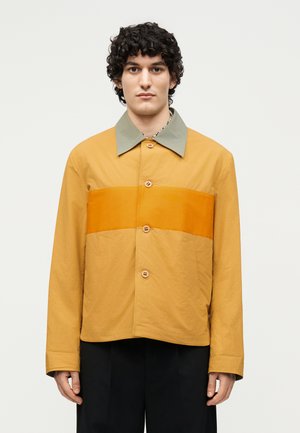 Fiatal férfi göndör hajjal, aki mustársárga dzsekit visel narancssárga vízszintes csíkkal és zöld gallérral, egy egyszínű háttér előtt áll.