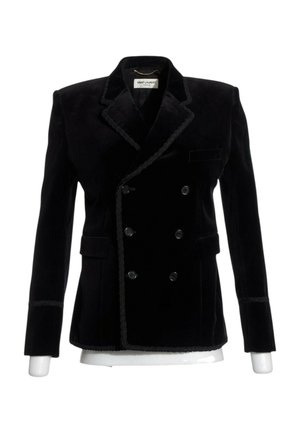 Veste croisée en velours noir à six boutons, avec des revers en encoche et une bordure décorative au col, aux poignets et aux poches.