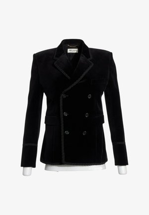 Blazer doppiopetto in velluto nero con sei bottoni, rever a lancia e bordature decorative su colletto, polsini e tasche.