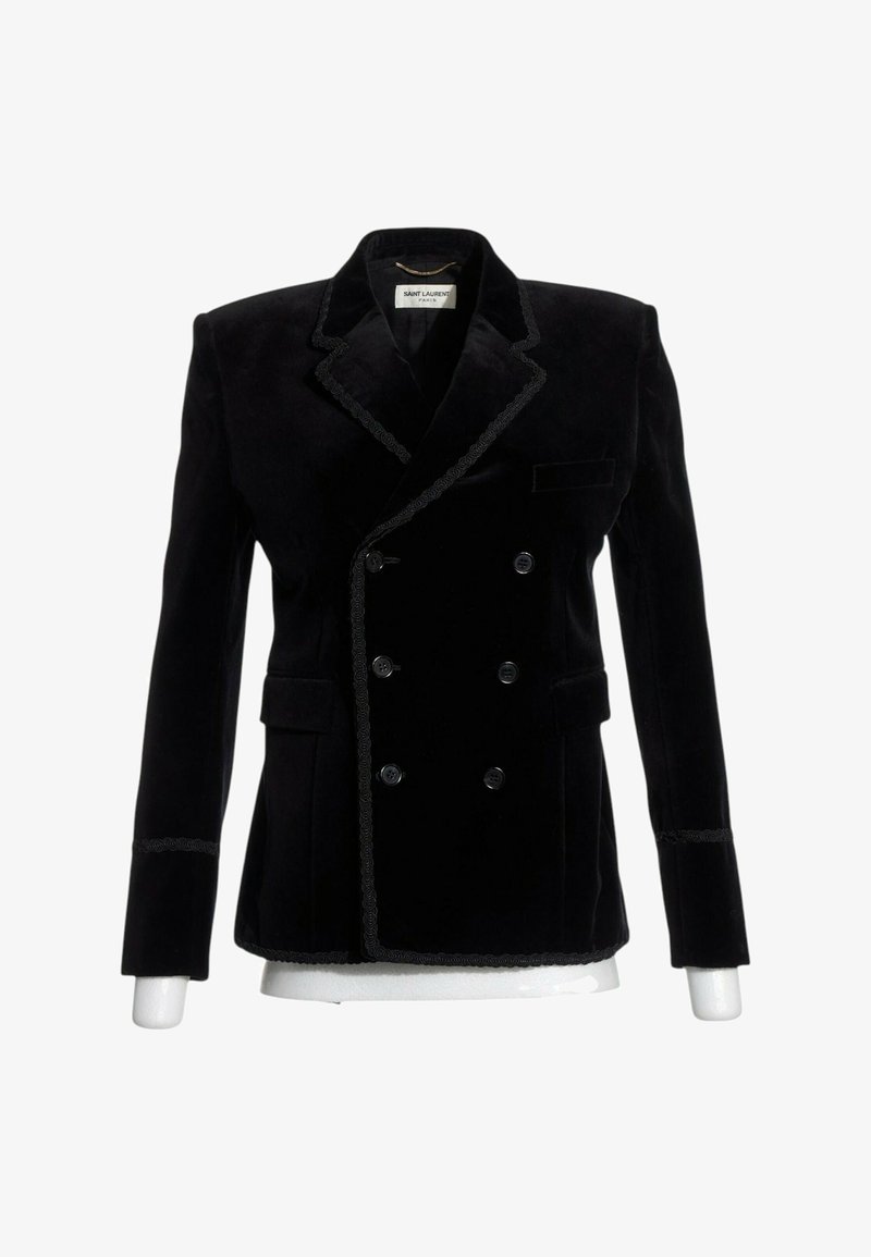 Veste croisée en velours noir à six boutons, avec des revers en encoche et une bordure décorative au col, aux poignets et aux poches.